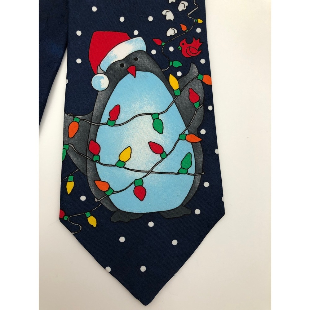Vtg Hallmark Yule Tie Greetings Mens Navy Penguin Christmas Necktie 57" x 4"